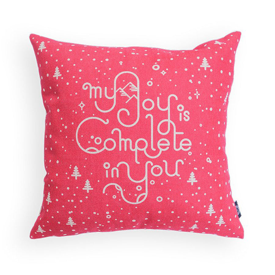 Premium 45cmx45cm pillow cover made of thick cotton linen,  pink with white christmas designs. With hidden zip feature. Features verse ‘My joy is complete in you’. 