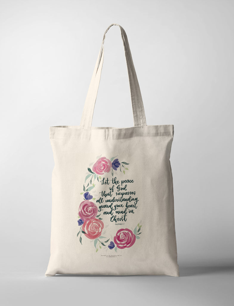 Peace of God watercolor floral tote bag outfit design by Sue Ann @love.ann.joy