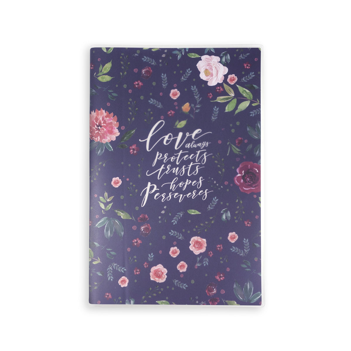 Love Always A5 Christian notebook featuring the 1 Corinthians 13:7 cover message.