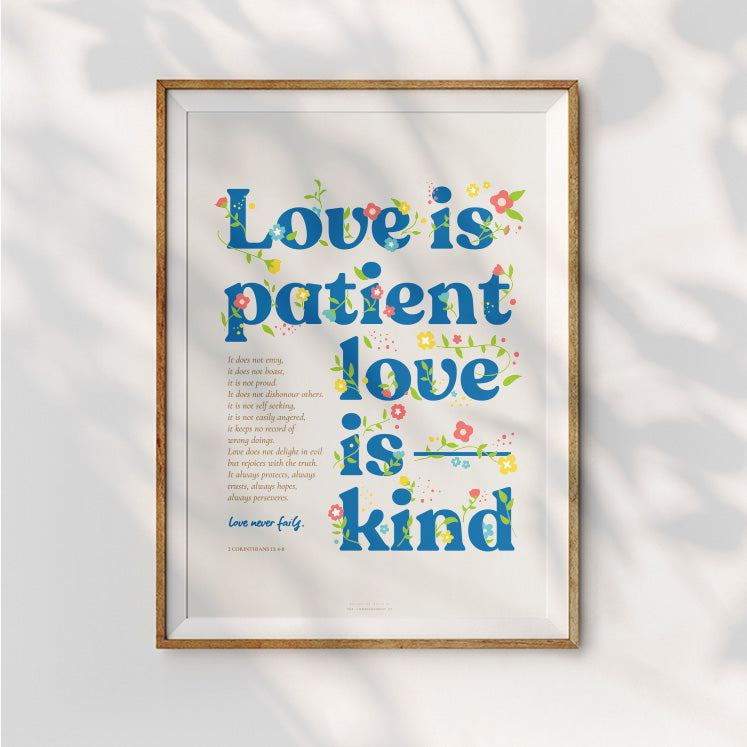 Square view of Love Is Patient Love Is Kind poster with beige background and blue wording.