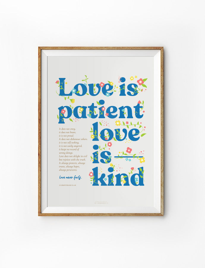 Love Is Patient Love Is Kind Christian poster with beige background and blue wording.
