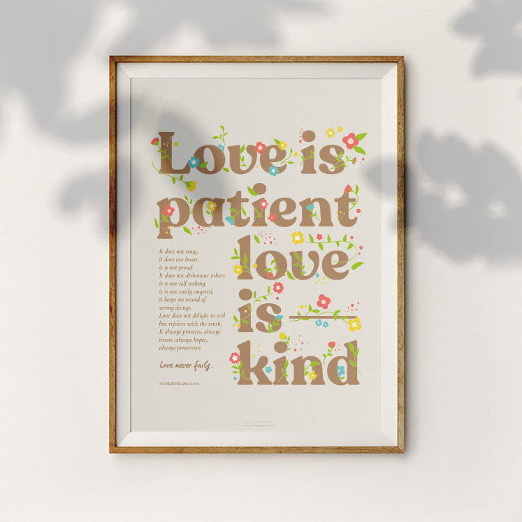 Square view of Love Is Patient Love Is Kind poster with beige background and brown wording.