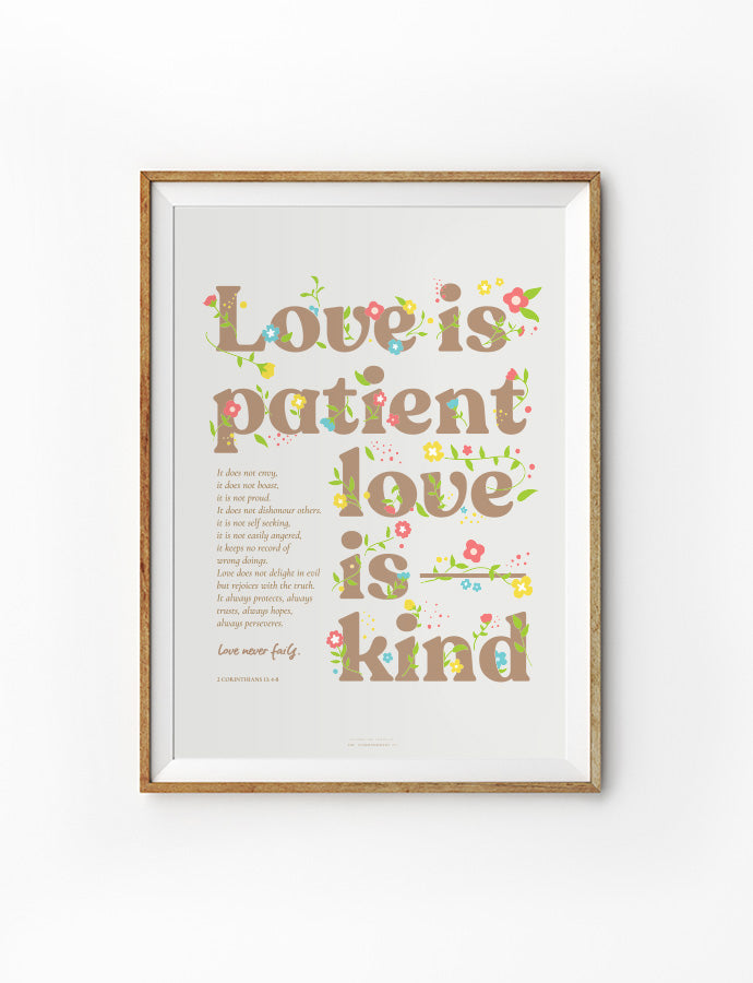 Love Is Patient Love Is Kind Christian poster with beige background and brown wording.
