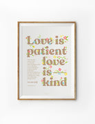 Love Is Patient Love Is Kind Christian poster with beige background and brown wording.