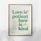 Square view of Love Is Patient Love Is Kind poster with beige background and green wording.