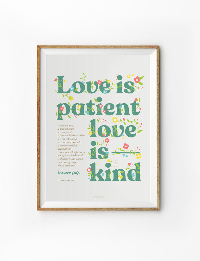 Love Is Patient Love Is Kind Christian poster with beige background and green wording.