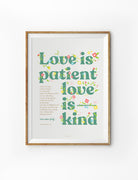 Love Is Patient Love Is Kind Christian poster with beige background and green wording.