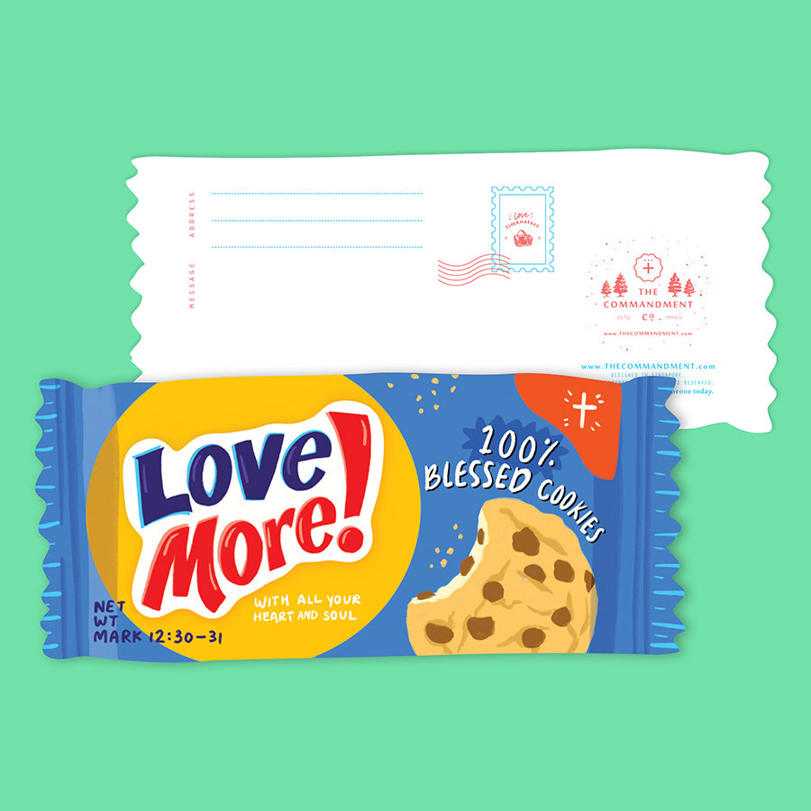 Love More Chocolate Chip Biscuit LOVE SUPERMARKET Christian card inspired by Mark 12:30–31.