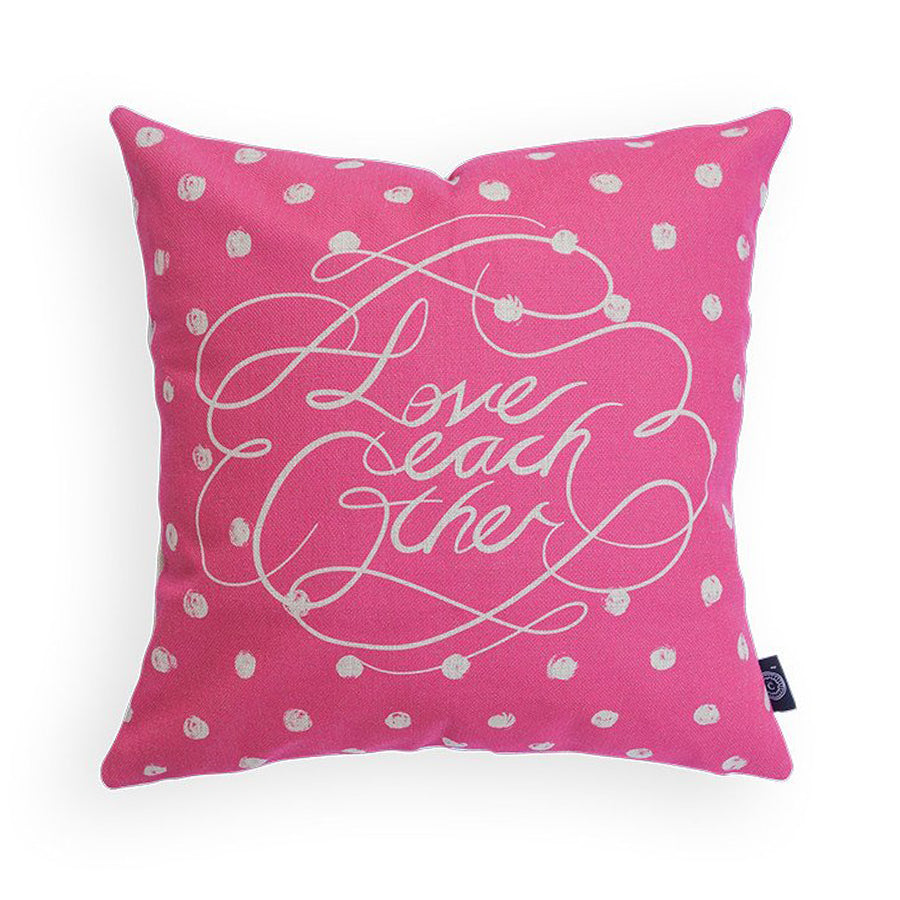 Premium 45cmx45cm pillow cover made of thick super soft velvet,  pink with white dots designs. With hidden zip feature. Features verse ‘Love each other’. 
