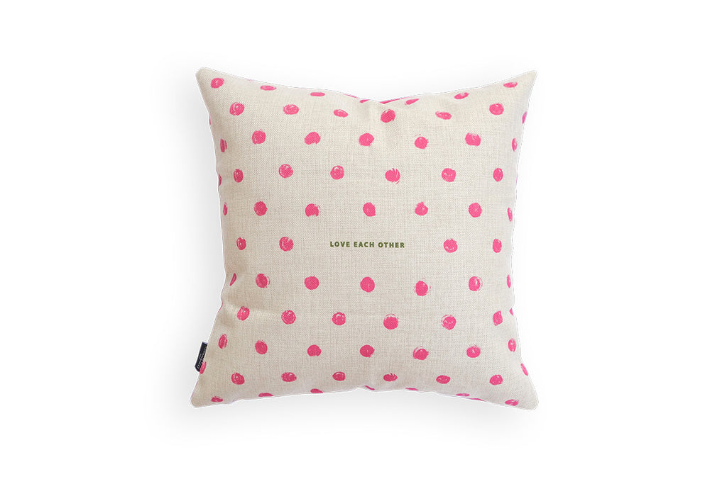 Premium 45cmx45cm pillow cover made of thick super soft velvet,  white with pink dots designs. With hidden zip feature. Features verse ‘Love each other’. 