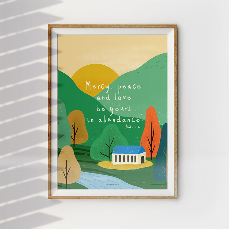 Mercy Peace and Love Jude 1:2 Christian poster in square product image.