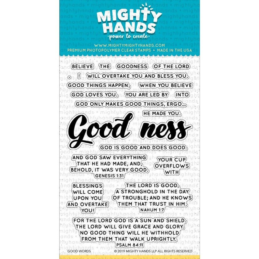 Goodness photopolymer clear stamp set. Includes 2 large sentiments and 18 small sentiments. Arts and Craft ideas. DIY birthday card and bookmark ideas.