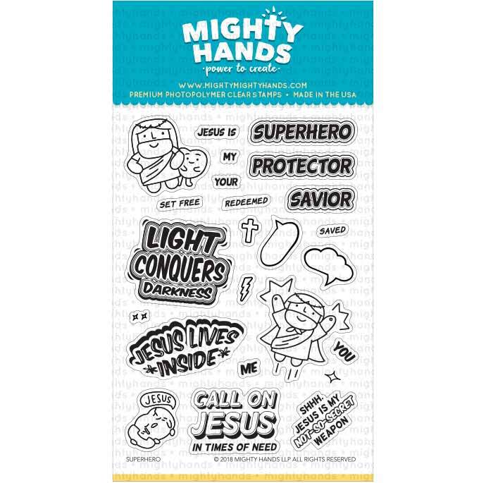 Superhero photopolymer clear stamp set. Includes 13 sentiments and 9 images. Arts and Craft ideas. DIY birthday card and bookmark ideas.