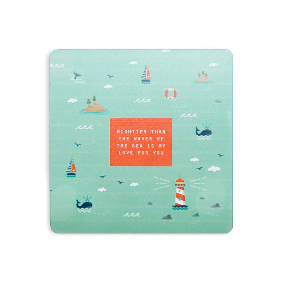 Mightier than the waves of the sea is my love for you mint coaster with whale dolphin light house design
