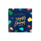 For the Lord your God is living among you. He is a Mighty Saviour. Blue background green yellow pink blue red terrazzo