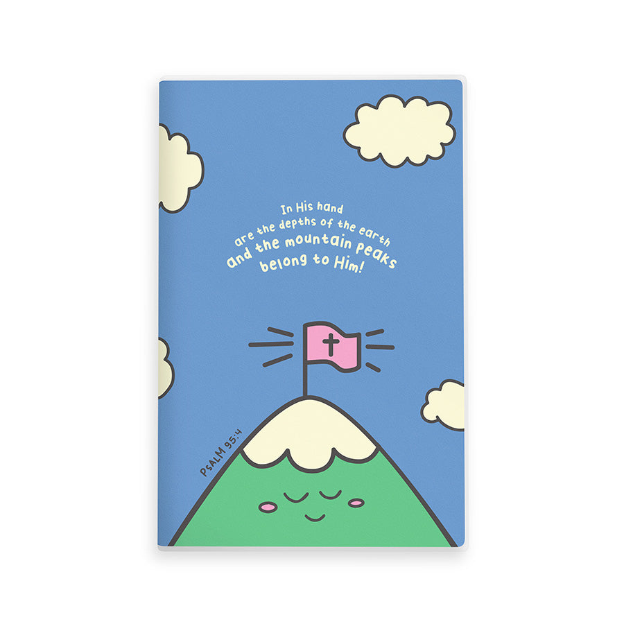 Mountain Peaks Belong to Him A5 Christian notebook featuring Psalm 95:4.