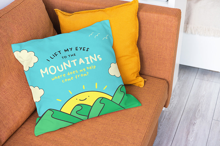 My Help Comes From the Lord Christian velvet cushion cover with illustrated design.