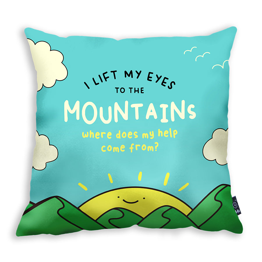 My Help Comes From the Lord Christian cushion cover with cheerful hand-drawn artwork.