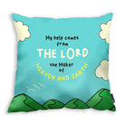 Christian cushion cover with mountains, sky and My Help Comes From the Lord wording.
