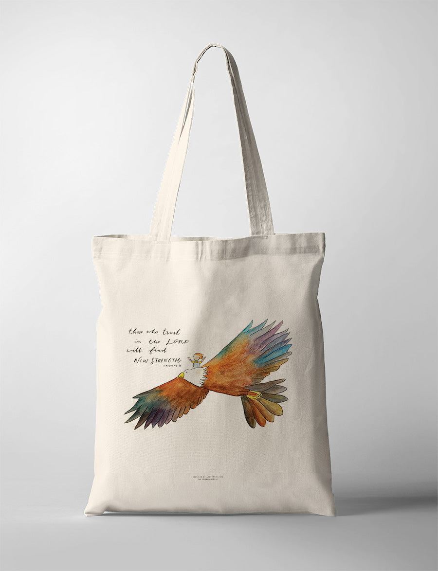 New Strength Christian tote bag inspired by Isaiah 40:31, designed by One Silly Duckie (P.Paints).