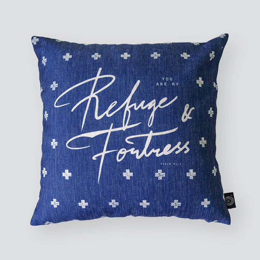Refuge & Fortress Christian cushion cover featuring a faith-inspired message