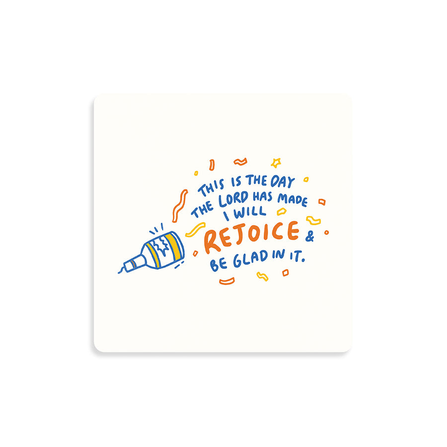 Rejoice Christian wooden coaster with This Is the Day faith message.