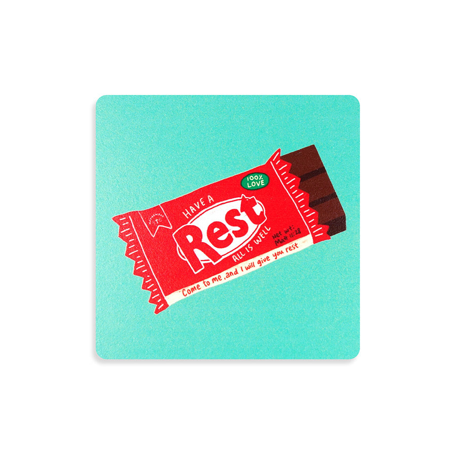 Rest Chocolate Bar Christian wooden coaster inspired by Matthew 11:28.