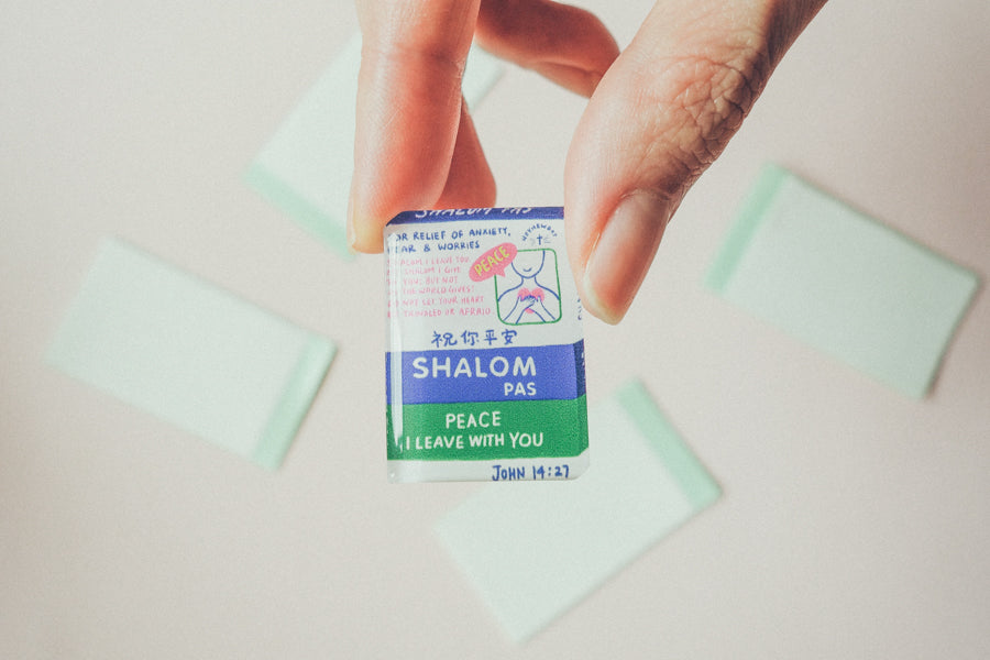Shalom Pas faith-inspired acrylic pin from the Love Supermarket collection.