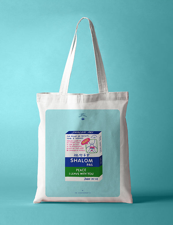 Shalom Pas Christian tote bag inspired by John 14:27 from LOVE SUPERMARKET.