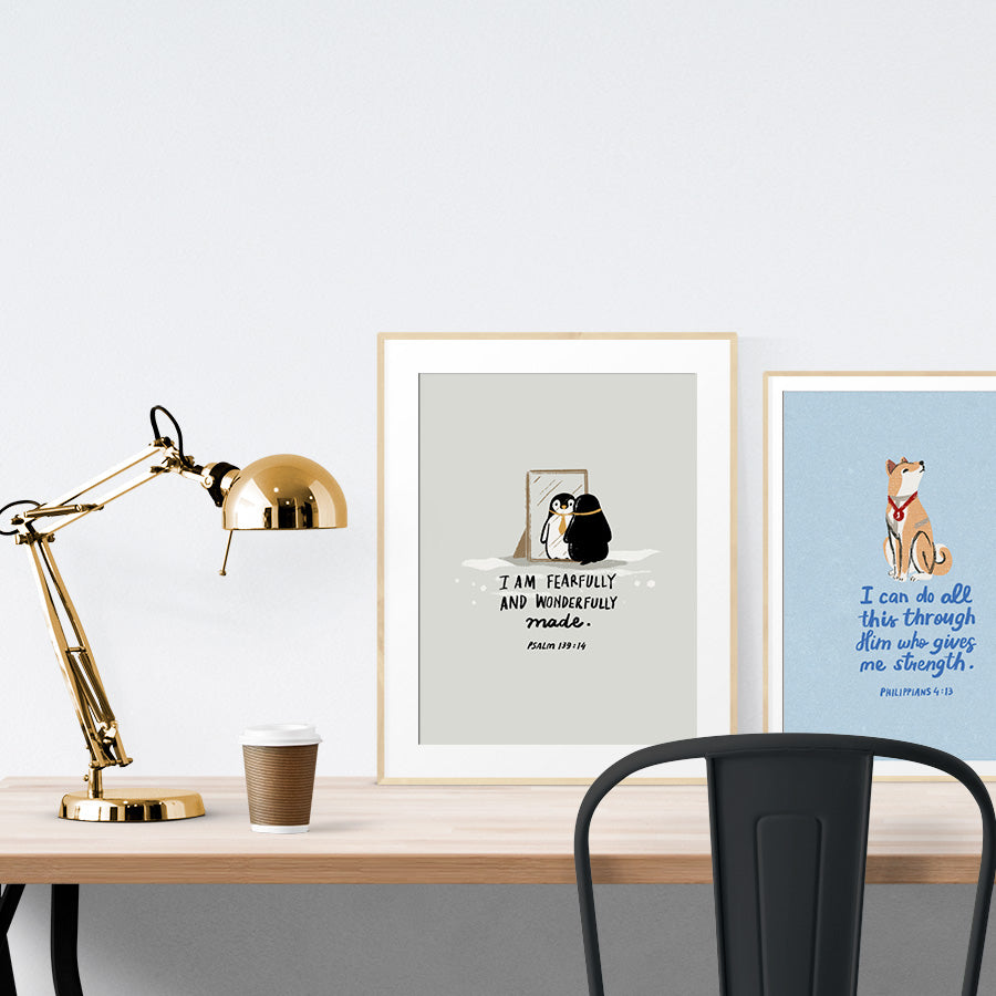 modern and cute bible art printed on poster display on table