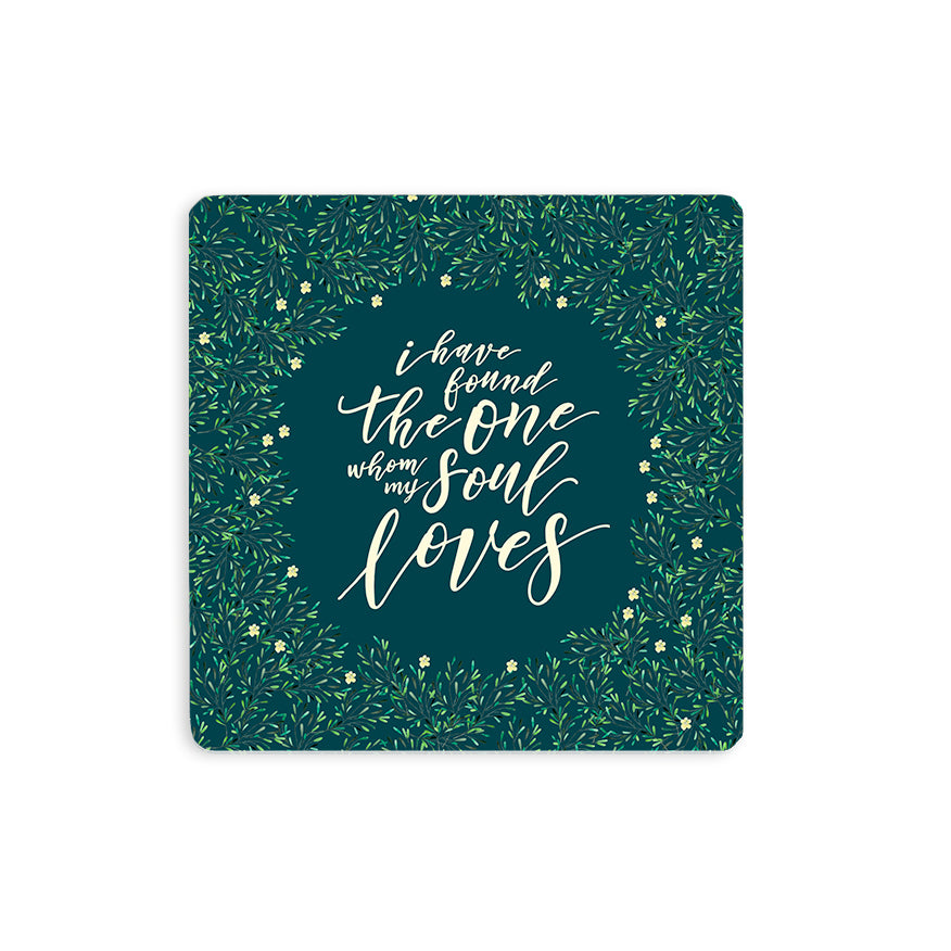 10cmx10cm Green wooden coaster with white flower designs and encouragement bible verse “I have found the one whom my soul loves”.