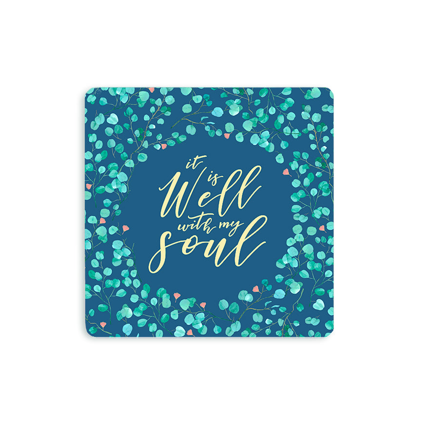 10cmx10cm green wooden coaster with floral designs and encouragement bible verse ”It is well with my soul”.