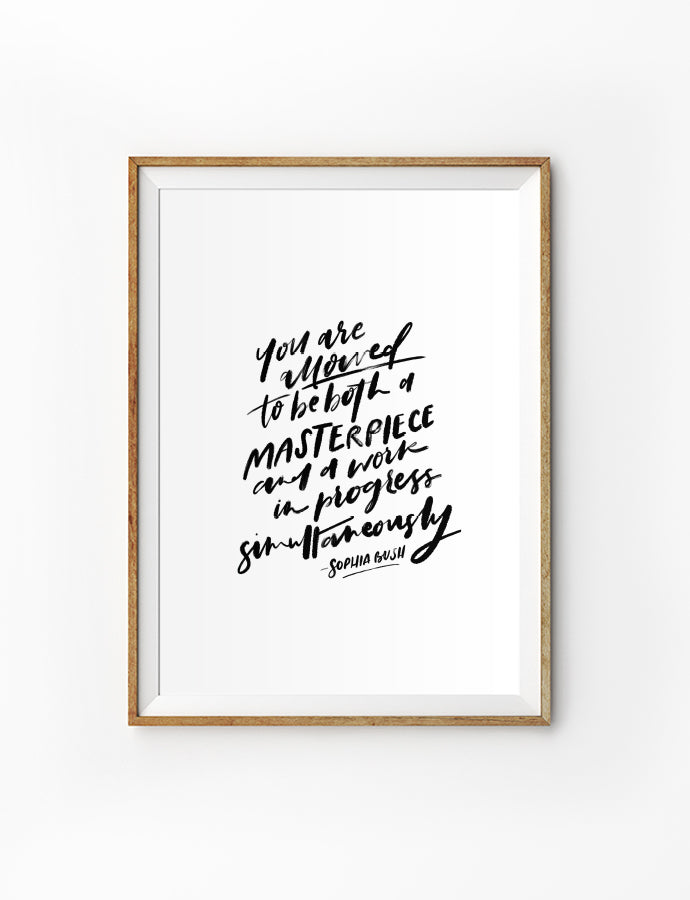 Poster featuring beautiful typography bible verses with confetti designs. ‘You are allowed to be both a masterpiece and a work in progress simultaneously’. 200GSM paper, available in A3,A4 size.