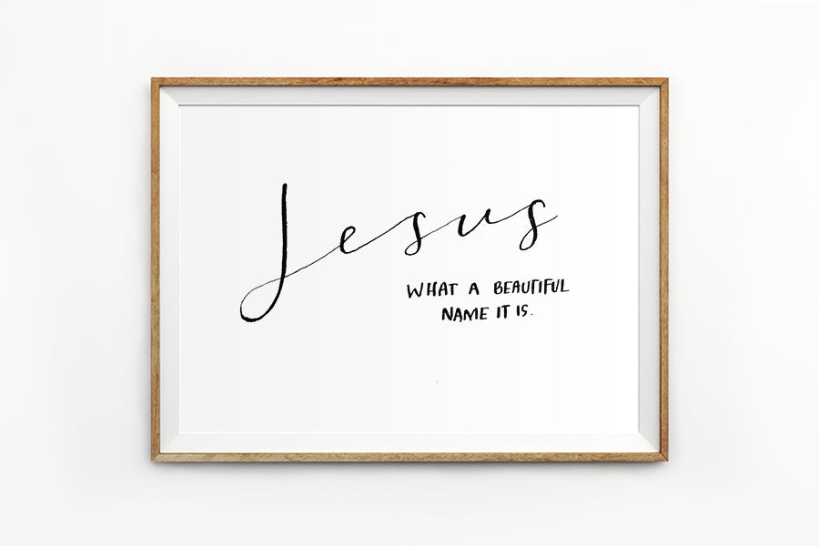 Posters featuring beautiful typography Bible verse quote. ‘Jesus, what a beautiful name’. 200GSM paper, available in A3,A4 size.  Landscape poster.