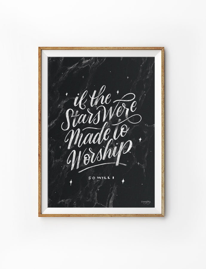 Posters featuring beautiful typography bible verses with BnW designs. ‘If the stars were made to worship so will I’. 200GSM paper, available in A3,A4 size.