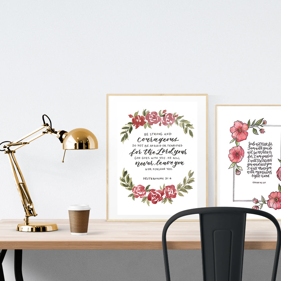 Be Strong & Courageous (Floral) {Poster} - Posters by Hannah Letters, The Commandment Co