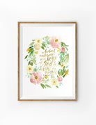 Poster featuring beautiful typography bible verses with flower wreath designs ‘the loveliest masterpiece of the heart of God is the heart of a mother’ is hung on the wall in a gold photo frame’. 200GSM paper, available in A3,A4 size.