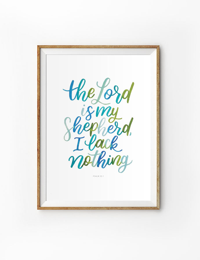 Poster featuring beautiful typography bible verses with minimalistic designs. ‘The lord is my shepherd I lack nothing’. 200GSM paper, available in A3,A4 size.