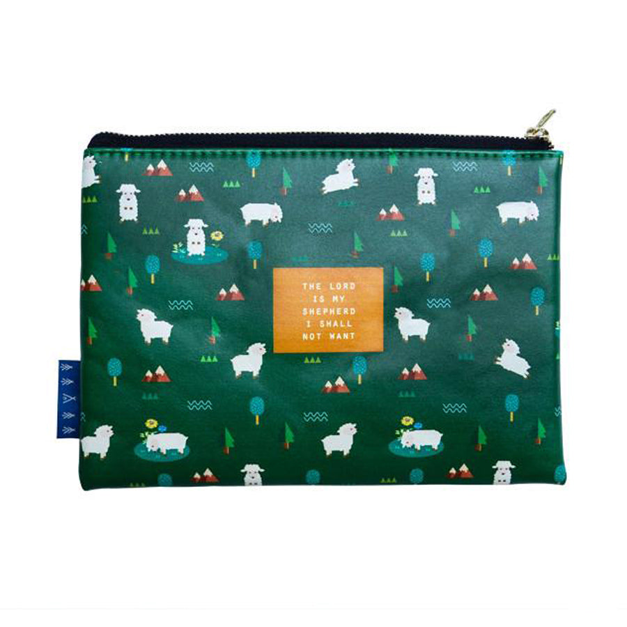Multipurpose PU Leather pouch in green with sheep in the forest designs on it. Features bible verse ‘The Lord is my shepherd I shall not want ' in white lettering and is great Christian gift idea. The pouch has inner lining, gold zip. Dimensions: 21cm (W) x 14cm (H)