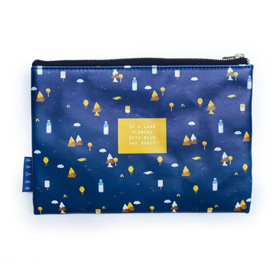 Multipurpose PU Leather pouch in navy blue with mountains and milk designs on it. Features bible verse ‘ to a land flowing with milk and honey’ in white lettering and is great Christian gift idea. The pouch has inner lining, gold zip. Dimensions: 21cm (W) x 14cm (H)