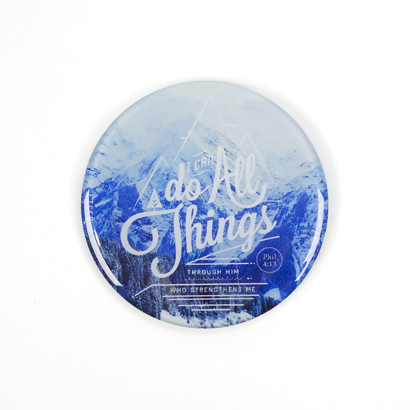 5.5 cm diameter circular Acrylic fridge magnet with bible verse “I can do all things through Him who strengthens me” on mountains background.