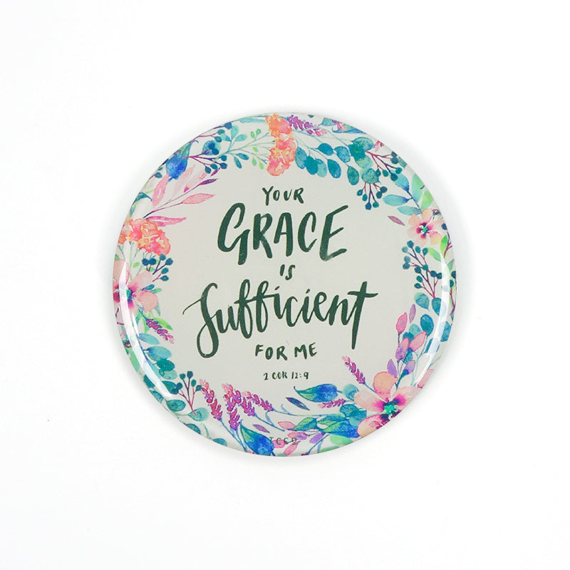 5.5 cm diameter circular Acrylic fridge magnet with bible verse “Your grace is sufficient” on flowers background.