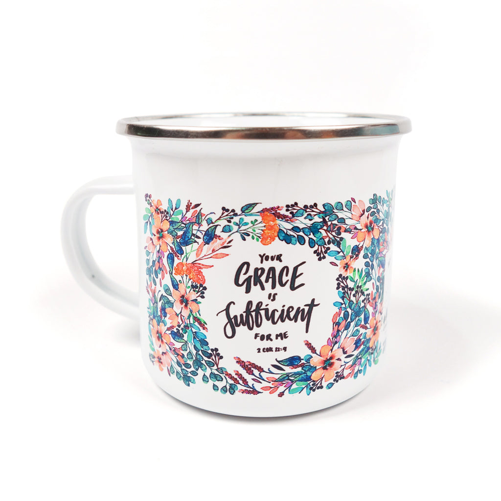Your Grace is sufficient for me mug. Thick enamel material. Stainless steel rim.
