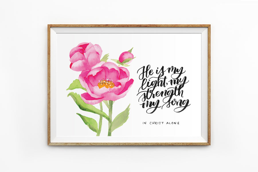 Poster featuring beautiful typography bible verses with flower designs ‘He is my light, my strength, my song. 200GSM paper, available in A3,A4 size.