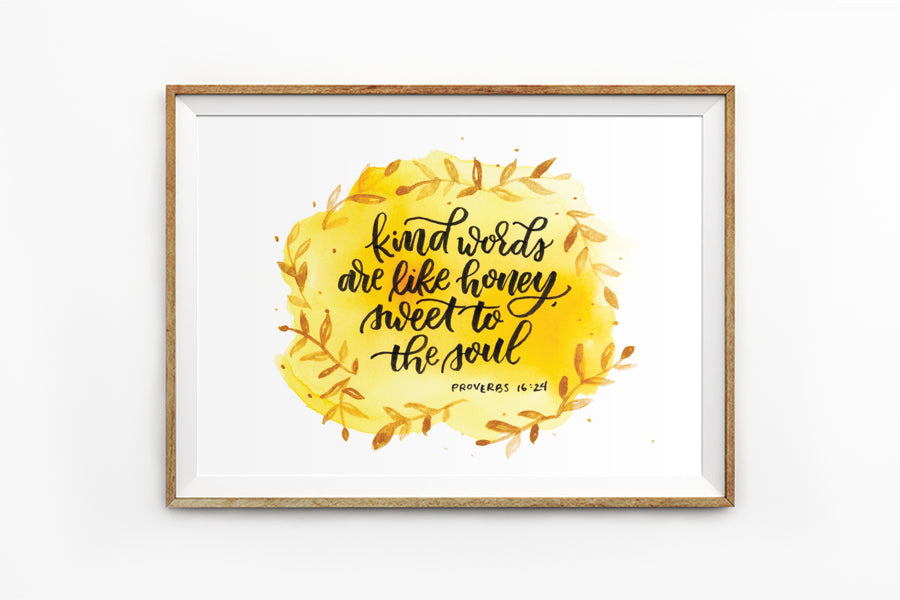 Poster featuring beautiful typography bible verses with autumn designs. ‘Kind words are like honey, sweet to the soul’. 200GSM paper, available in A3,A4 size.