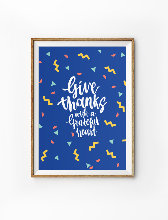 Give thanks poster on blue background and cartoon confetti details