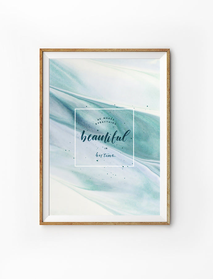 Poster featuring beautiful typography bible verses with brushstrokes designs ‘He makes everything beautiful in his time’ framed in a white frame. 200GSM paper, available in A3,A4 size. 