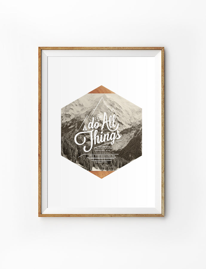Poster featuring beautiful typography bible verses with hexagonal mountain cap designs ‘I can do all things’. 200GSM paper, available in A3,A4 size. Sepia theme.