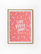 Poster featuring beautiful typography bible verses with confetti designs. ‘Love never fails’. 200GSM paper, available in A3,A4 size.