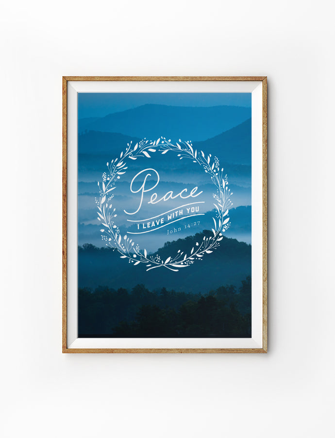 Poster featuring beautiful typography bible verses with spruce designs. ‘Peace I leave with you’. 200GSM paper, available in A3,A4 size.